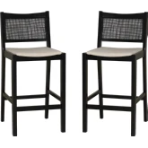 Bauer Cane Bar Stool in Black Wood & Beige Linen Look Fabric (Set of 2)