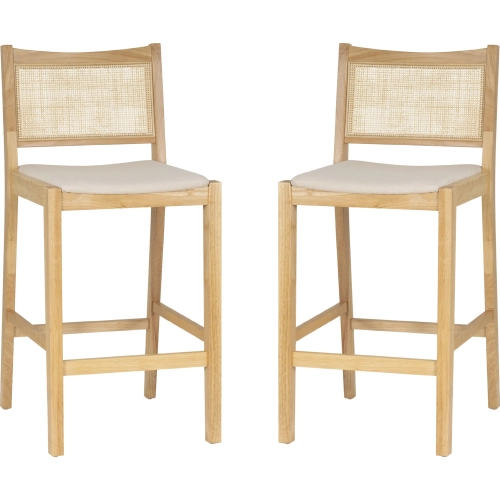 Bauer Cane Bar Stool in Natural Wood & Beige Linen Look Fabric (Set of 2)