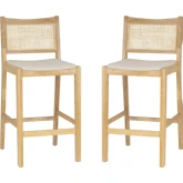 Bauer Cane Bar Stool in Natural Wood & Beige Linen Look Fabric (Set of 2)