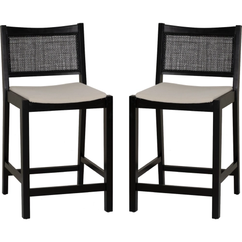 Bauer Cane Counter Stool in Black Wood & Beige Linen Look Fabric (Set of 2)