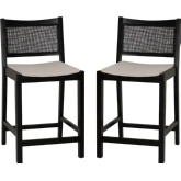 Bauer Cane Counter Stool in Black Wood & Beige Linen Look Fabric (Set of 2)