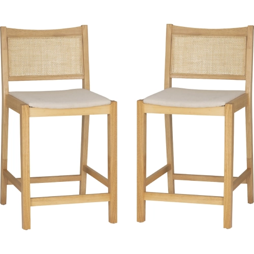 Bauer Cane Counter Stool in Natural Wood & Beige Linen Look Fabric (Set of 2)