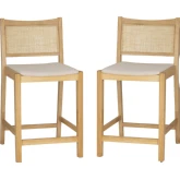 Bauer Cane Counter Stool in Natural Wood & Beige Linen Look Fabric (Set of 2)