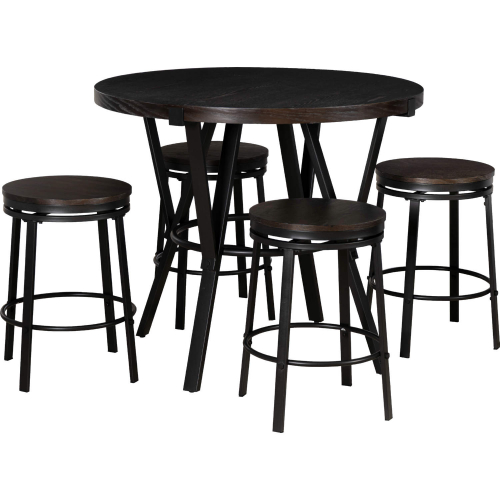 Glenroy 5 Piece Round Counter Dining Set in Brown Wood & Charcoal Metal
