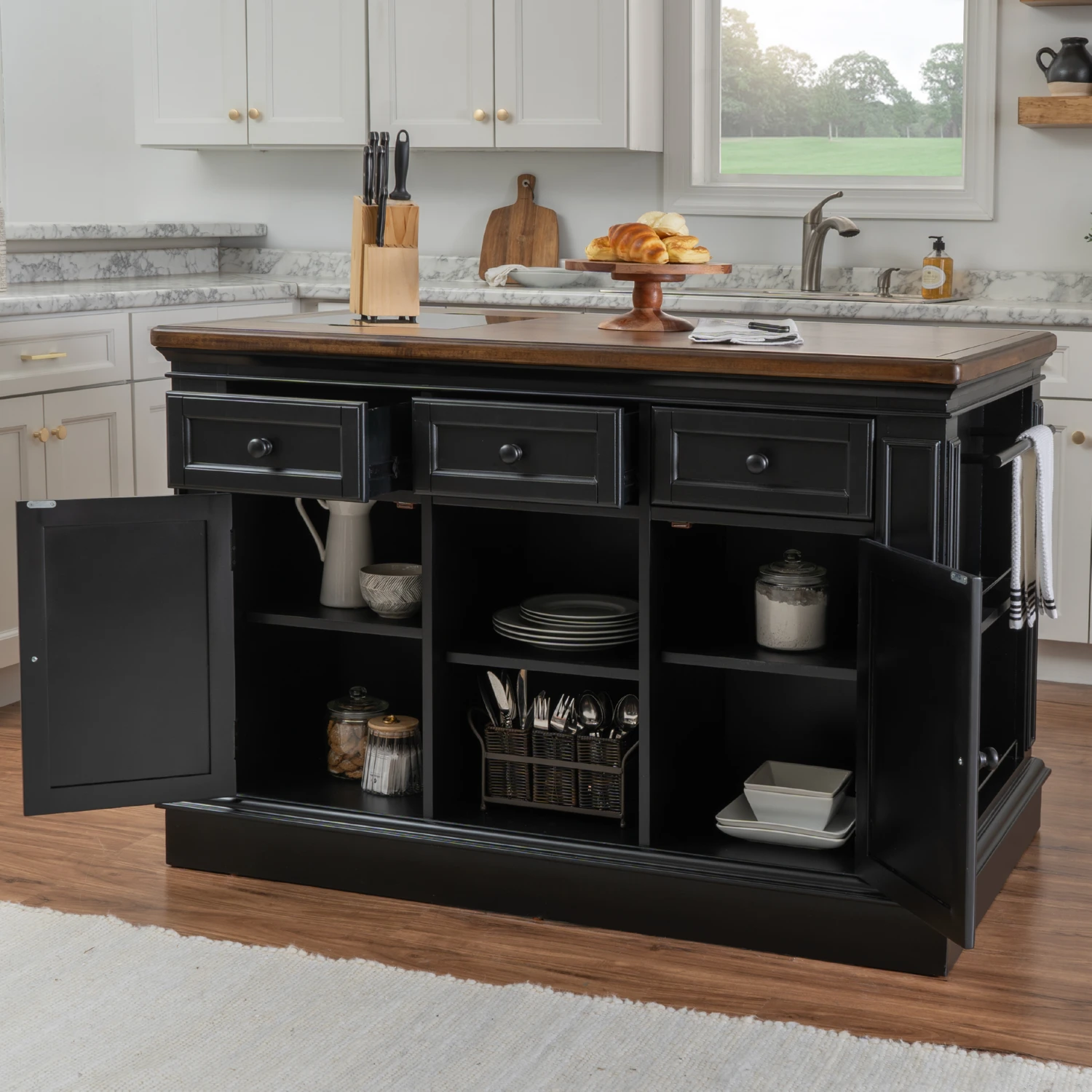 Linon D1597D24BLK Posie Kitchen Island & 2 Stool Set in Black