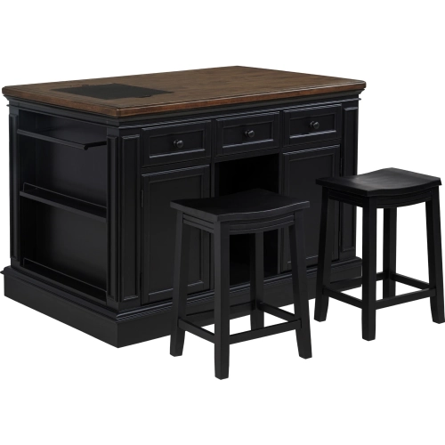 Posie Kitchen Island & 2 Stool Set in Black, Walnut Finish Wood & Black Granite
