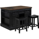 Posie Kitchen Island & 2 Stool Set in Black, Walnut Finish Wood & Black Granite