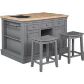 Posie Kitchen Island & 2 Stool Set in Grey, Natural Wood & Black Granite