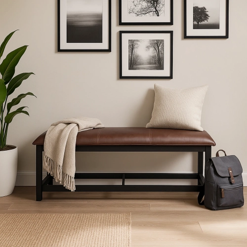 Abrielle Pillow Top Bench in Chestnut Brown Vegan Leather & Black Wood