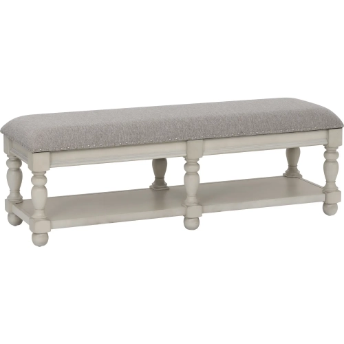 Ellington Bench in Antique White & Brown Wood & Beige Fabric