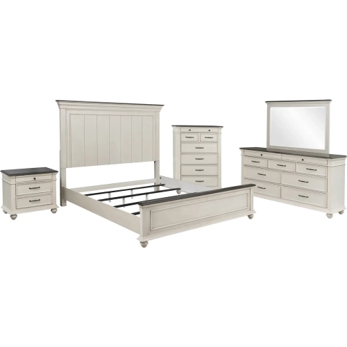Ellington 5 Piece King Bedroom Set in Antique White & Brown Wood