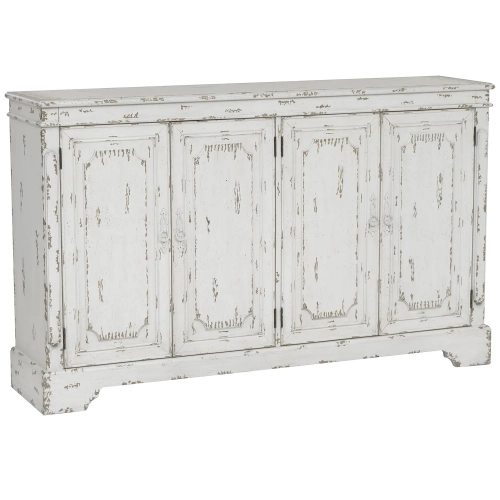 Adelaide 4 Door Credenza Cabinet in Distressed Antique White Wood