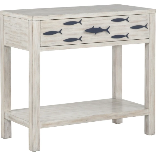 Fisher 1 Drawer Fish Console Table with Shelf in Distressed Antique White Wood