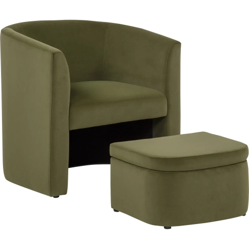 Selway Barrel Accent Chair with Ottoman in Olive Green Velvet