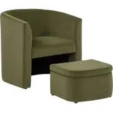 Selway Barrel Accent Chair with Ottoman in Olive Green Velvet