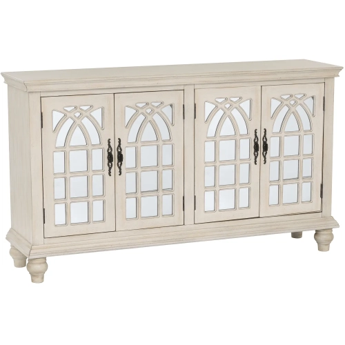 Berkshire 4 Door Credenza in Distressed Cream Wood & Mirror