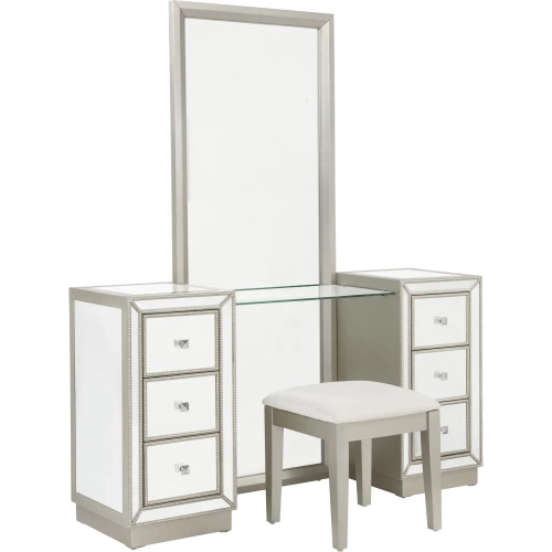 Kiara 60" Mirrored 6 Drawer Makeup Vanity with Stool in Gold & Beige Fabric