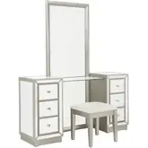 Kiara 60" Mirrored 6 Drawer Makeup Vanity with Stool in Gold & Beige Fabric