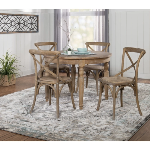 Avalon 5 Piece Round Dining Set in Natural Grey Wood & Rattan
