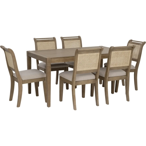 Emmy 7 Piece 60" Dining Set in Wood, Cane & Off White Fabric