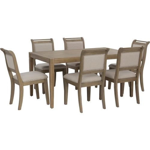 Emmy 7 Piece 60" Dining Set in Wood & Off White Fabric