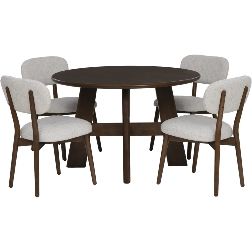 Curran 5 Piece 46" Round Dining Set in Brown Wood & Beige Fabric