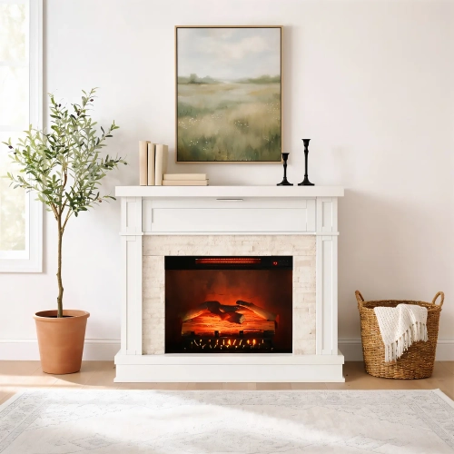 Ephersyn Electric Fireplace in White Wood & Cream Poly
