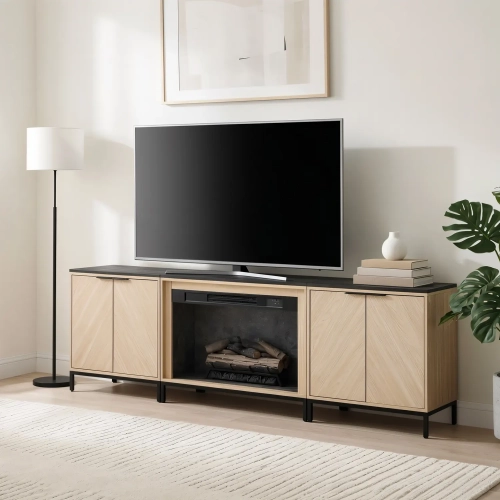 Alver Electric Fireplace & 2 Cabinets Set in Blonde Faux Wood & Black Metal