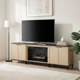 Alver Electric Fireplace & 2 Cabinets Set in Blonde Faux Wood & Black Metal