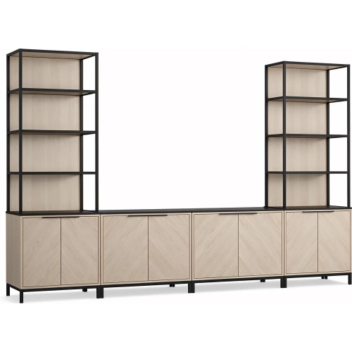Alver 4 Piece Media Bookcase Set in Blonde Faux Wood & Black Metal
