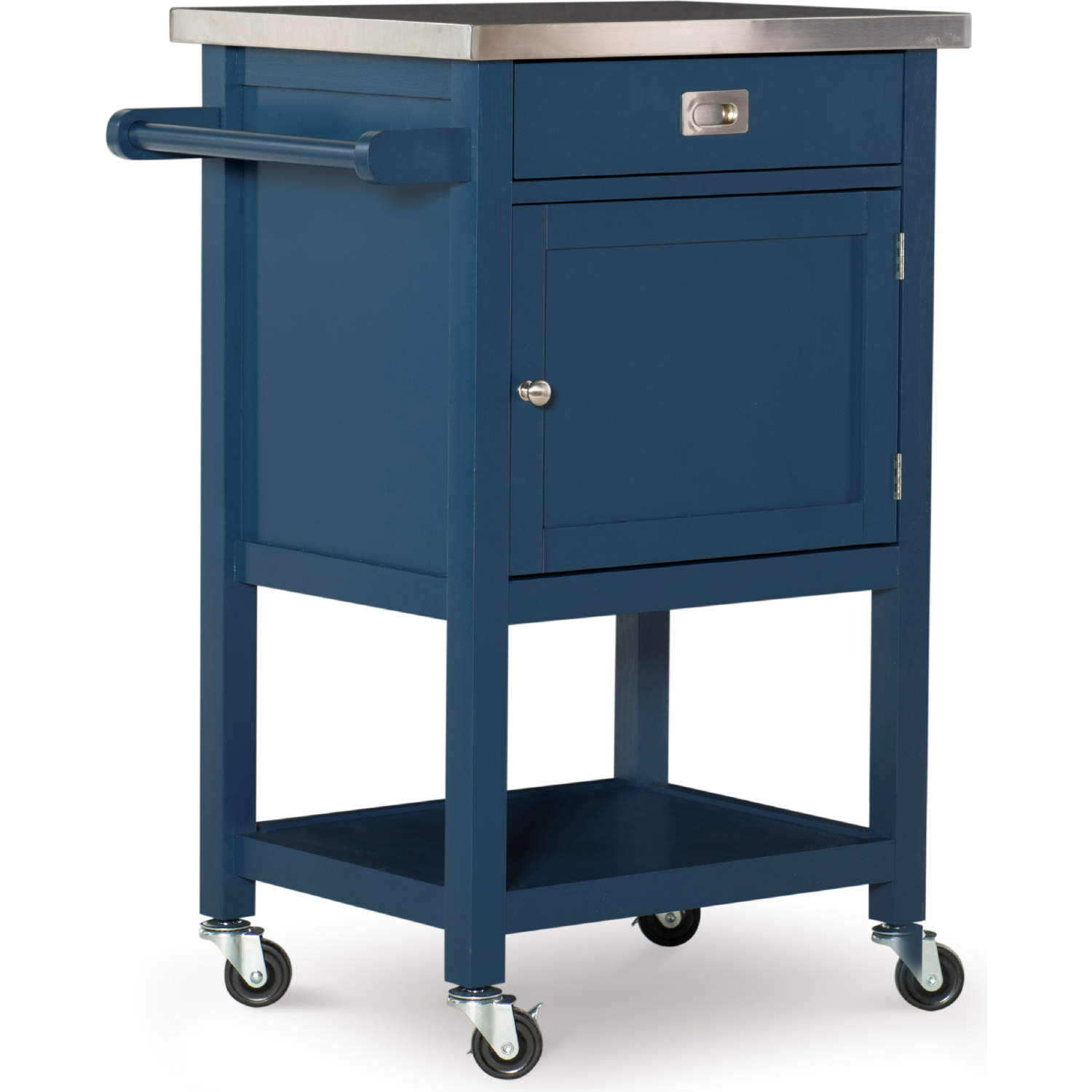 Linon KI096NVY01U Sydney Kitchen Cart in Navy Blue Wood & Stainless Steel