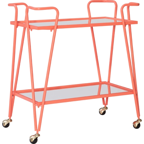 Linon Mid Century Bar Cart in Coral Metal & Mirror