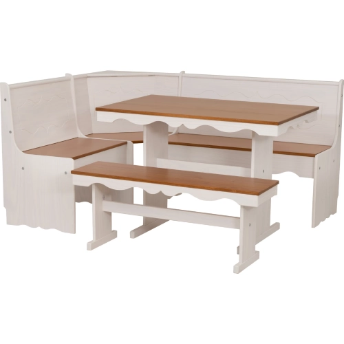 Clara Dining Nook in Cottage White & Carmel Brown Wood