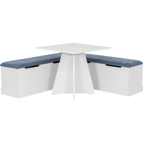Nova 3 Piece Square Dining Nook Set in White Wood & Blue Fabric