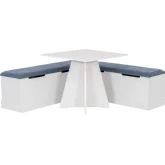 Nova 3 Piece Square Dining Nook Set in White Wood & Blue Fabric