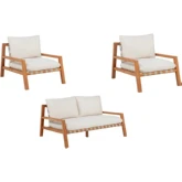 Cassius 3 Piece Loveseat Set in Natural Wood & Off White Sunbrella