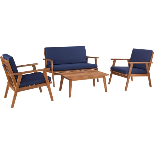 Cole Outdoor 4 Piece Loveseat Set in Walnut Finish & Blue Fabric