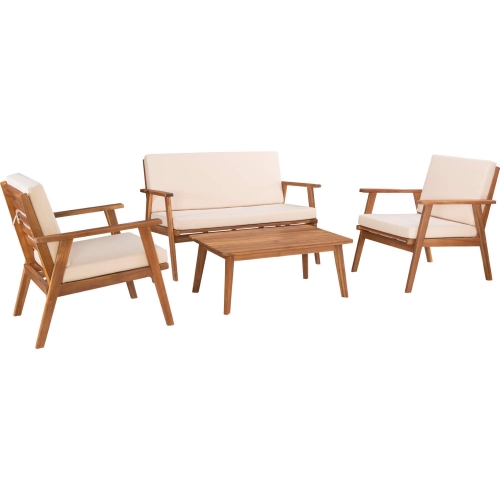 Cole Outdoor 4 Piece Loveseat Set in Natural Wood & Neutral Fabric