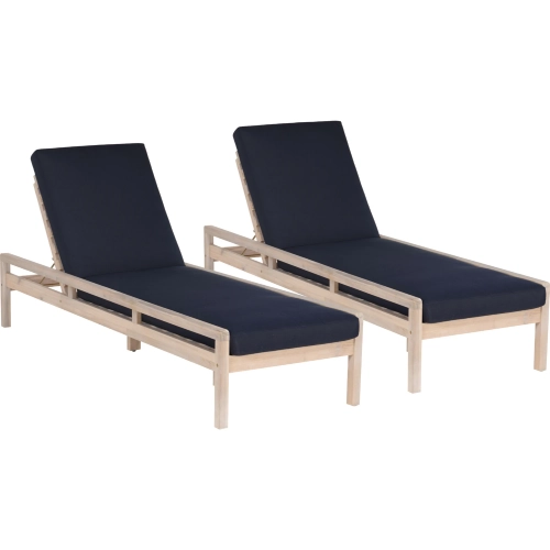 Teagon Outdoor Chaise Lounger in Natural Wood & Navy Blue Fabric (Set of 2)