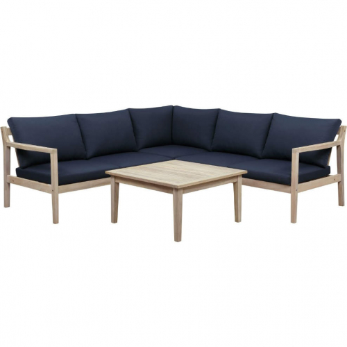 Teagon Outdoor 4 Piece Sectional Sofa Set in Wood & Navy Blue Fabric