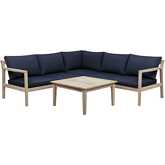 Teagon Outdoor 4 Piece Sectional Sofa Set in Wood & Navy Blue Fabric