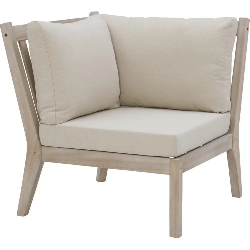 Teagon Outdoor Corner Accent Chair in Natural Wood & Beige Fabric