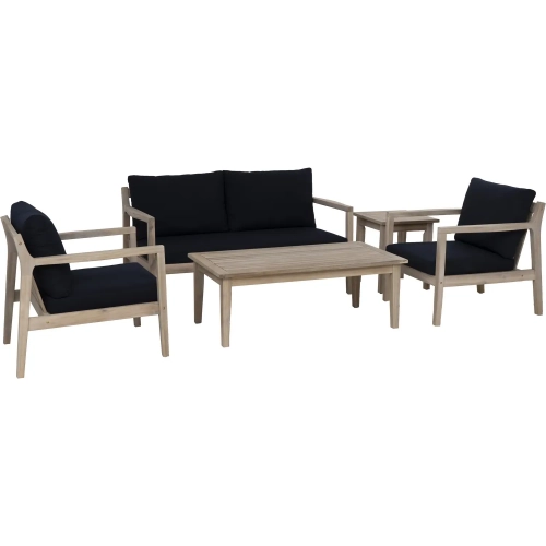 Teagon Outdoor 5 Piece Loveseat Set in Wood & Navy Blue Fabric