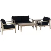 Teagon Outdoor 5 Piece Loveseat Set in Wood & Navy Blue Fabric