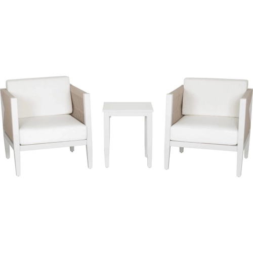 Claiborne Outdoor 3 Piece Accent Chair Set in White Metal, Fabric & Rope