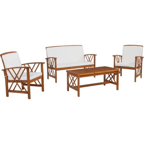 Jubil 4 Piece Outdoor Loveseat Set in Brown Wood & White Fabric