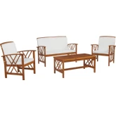 Jubil 4 Piece Outdoor Loveseat Set in Brown Wood & White Fabric
