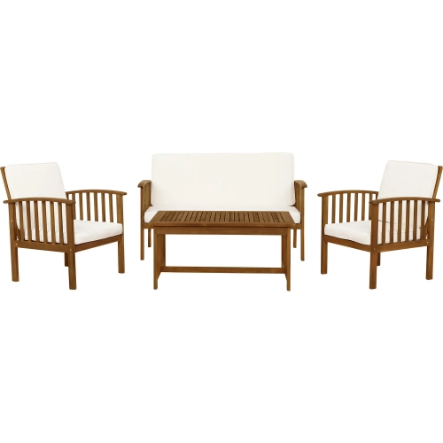 Caneel 4 Piece Outdoor Loveseat Set in Natural Wood & Beige Fabric