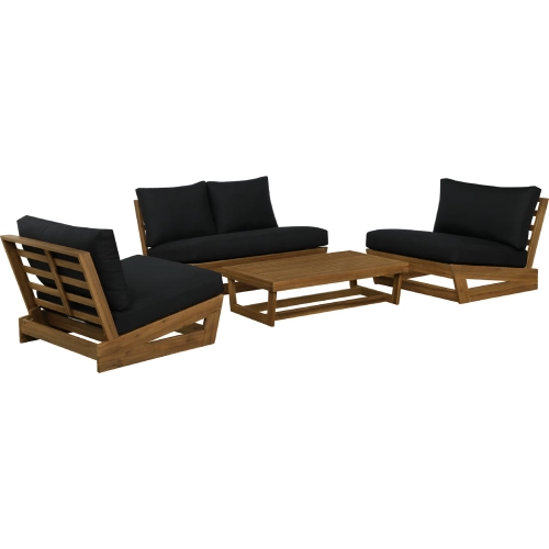 Silbury Outdoor 4 Piece Loveseat Set in Wood & Black Fabric