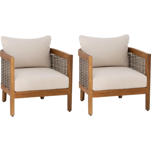 Chaddsley Outdoor Club Accent Chair in Wood, Faux Rattan & Beige Fabric (Set of 2)